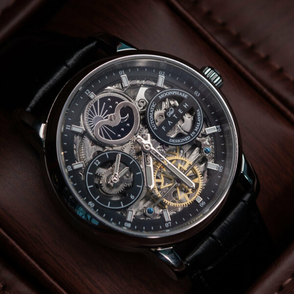 Automatic Moonphase Skeleton Strata - Silver Black - Fateh Watches